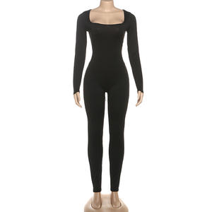 2026 Producto de tendencia <span class=keywords><strong>Escote</strong></span> en U Manga larga Color negro sólido Apretado Sin espalda Vendaje Bodycon Sexy Monos de una pieza - Product Image 4