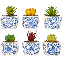 Set 6 Pot Keramik Berlapis Kaca 3.1 inci dengan Alas Bambu, Pola Dekal Biru Putih, untuk Tanaman Sukulen, Kaktus, Dekorasi Rumah & Kantor