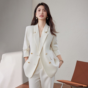 Women's Cream Suit Set Solid Color Polyester Double Breasted Casual Office Wear - Product Image 1