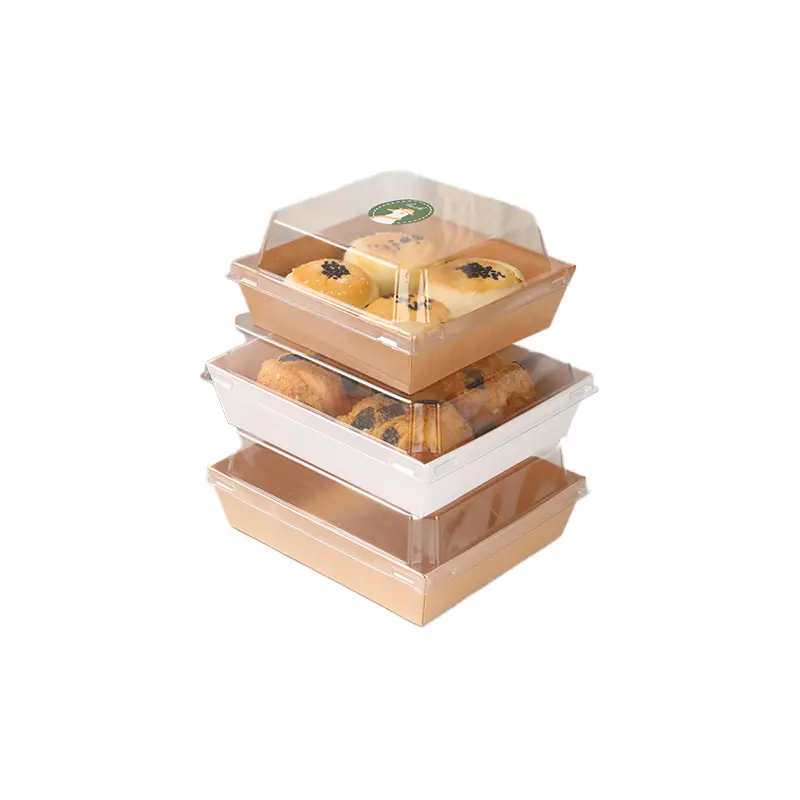 حاويات طعام مستطيلة الشكل تُستخدم لمرة واحدة حسب الطلب علب خبز ورقية للشطائر والشرائح والكعك مزودة بأغطية آمنة واضحة