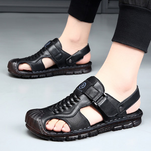 Sandalias de cuero genuino para hombre con correa en T, punta abierta, suela de goma transpirable, zapatos casuales de verano para exteriores - Product Image 3
