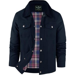 Mens Flannel Lined Shirt <b>Jacket</b> Corduroy Turn Down Collar Snap Button Cargo <b>Trucker</b> Multi Pockets Autumn Casual - Product Image 1