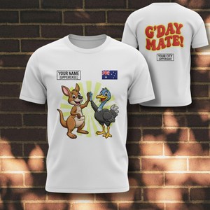 Camiseta con nombre personalizado del Día de Australia, iconos australianos, diseño de canguro y pato, estampado G'Day Mate, unisex, talla para adultos - Product Image 1