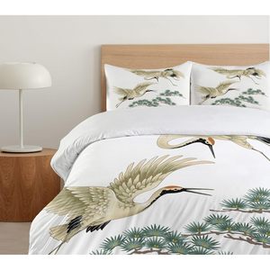 Lunarable <b>Custom</b> Duvet Cover Set 2 Japanese Cranes Flying <b>Painting</b> Style Far Eastern Illustration Scenic Plant Pattern MOQ 1 - Product Image 5