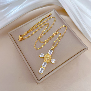 QIFEI <span class=keywords><strong>testa</strong></span> <span class=keywords><strong>croce</strong></span> piena di collana di diamanti in acciaio inox catena collana gioielli per le donne - Product Image 3