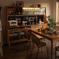 Buffet moderne en bois massif de style mid-century avec rangement intégré, table à manger et casier à vin mural pour bar et cuisine