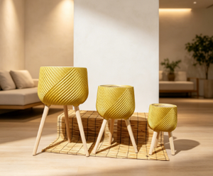 Modern Yellow Ceramic <b>Flower</b> <b>Pots</b> with Wood Legs Set of 3 Indoor Planters Minimalist Design Glazed Finish - Product Image 2