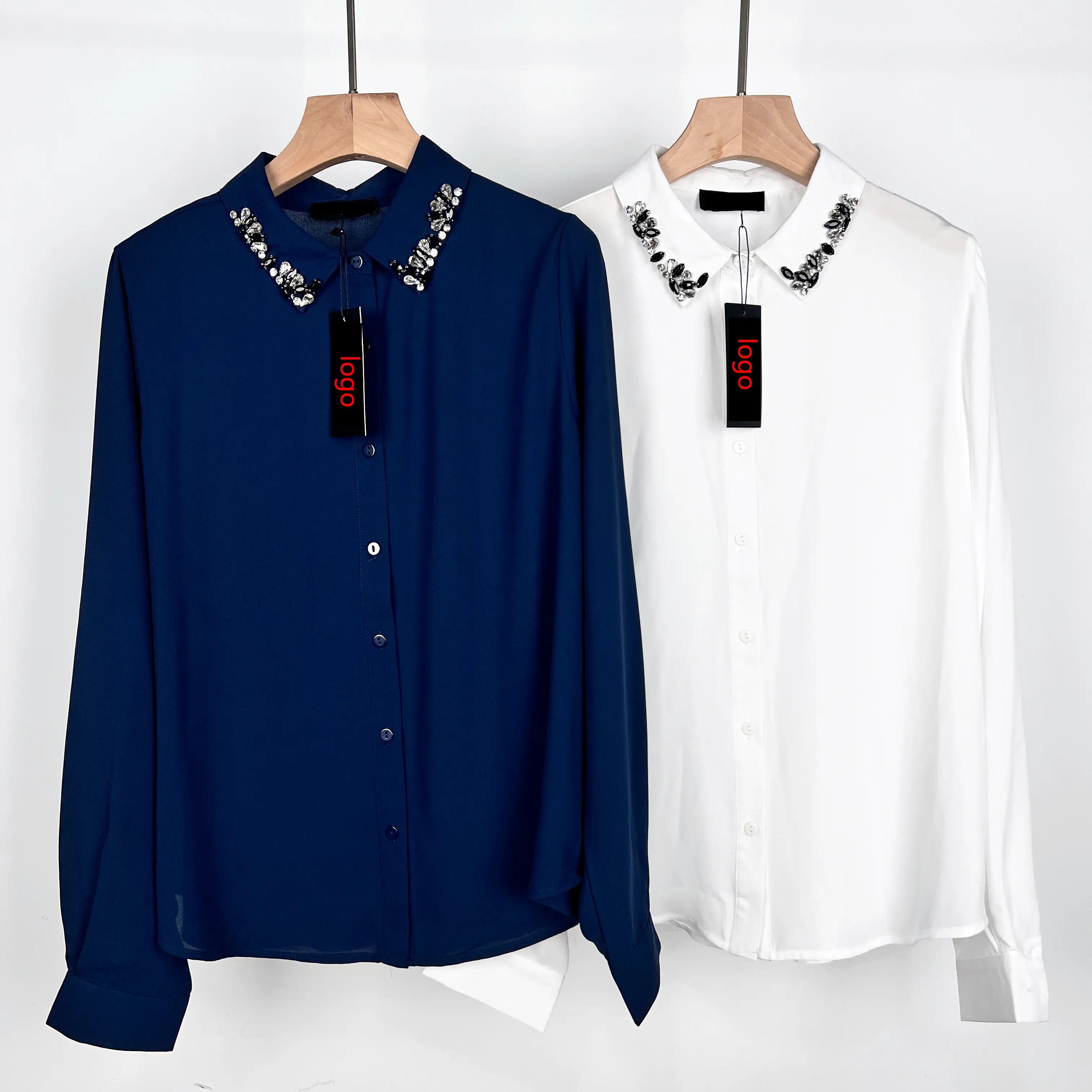 निर्माता महिलाओं के लिए लालित्य बटन अप शर्ट स्फटिक शर्ट शर्ट के लिए लंबी आस्तीन डिजाइन करते हैं