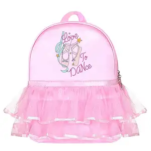 Pink Sweet Ruffled Lace Embroidery Dance Shoes Travel Backpack Ballet Dance Tote Bags Kids With Necklace Girls