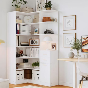 Estantería de esquina de 76 de altura, 6 niveles, en forma de <span class=keywords><strong>L</strong></span>, con 10 Estantes abiertos, 2 cajones de almacenamiento para sala de estar, hogar y oficina - Product Image 2