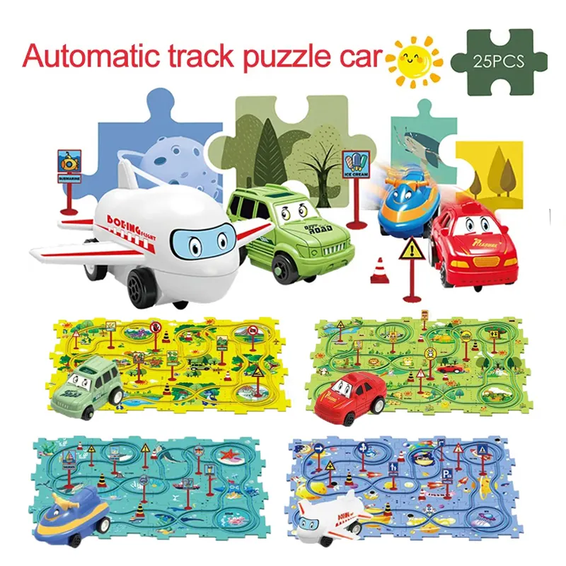 모험 자동차 트랙 장난감 25pcs 슬라이딩 트랙 직소 전기 자동차 레일 장난감 DIY 차량 퍼즐 빌드 아이 논리 퍼즐 세트