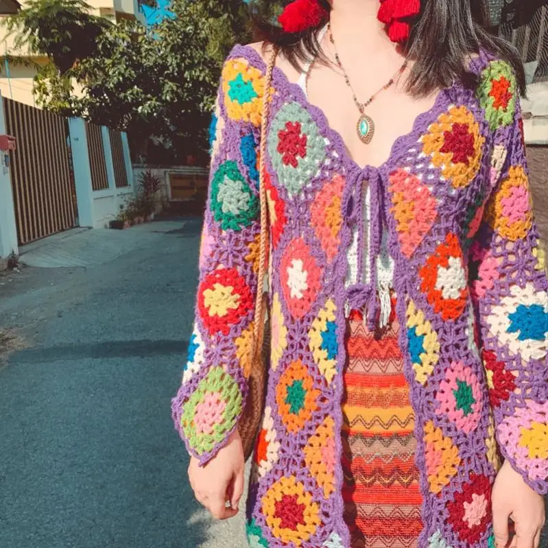 Benutzer definierte Boho Crochet Damen Pullover Cardigan Hollow Out Hand gehäkelte Strickwaren Ponchos Häkeln Strick pullover Damen bekleidung