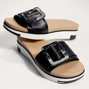 Venta al por mayor personalizado negro Pu <span class=keywords><strong>suela</strong></span> gruesa punta redonda elegante cómodo zapatillas <span class=keywords><strong>Sandalias</strong></span> planas - Product Image 3