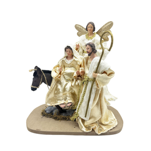 Crèche de la Nativité « Voyage en Égypte », Statue de la Sainte Famille en résine, Crèche de la Sainte Famille blanche et dorée - Product Image 1