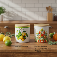 Contenants de cuisine en céramique de la série citron-orange-olive, couvercles en bois amovibles et hermétiques, forme cylindrique durable et écologique, impression