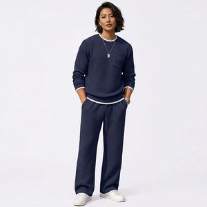 Women's Navy Blue Dot Pattern Knitted <b>Sweater</b> <b>Set</b> Crew Neck Full Length Pants Casual Loose Fit Breathable Cotton Material - Product Image 3
