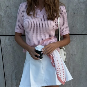 T-shirt d'été à manches courtes en maille ajourée de couleur unie pour femme – Tendance - Product Image 3