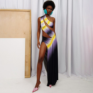 Re Mcgreen Star ritagliato gradiente elegante Maxi abito estivo arricciato Modulare donne Sexy abiti senza schienale festa - Product Image 3