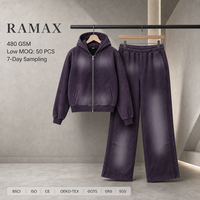 Ensemble sweat à capuche zippé et pantalon de survêtement large RAMAX Heavyweight délavé, style streetwear oversize, décontracté urbain, vente en gros, fournisseur d'usine