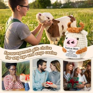 Bambola di supporto emotivo a forma di mucca all'uncinetto, <span class=keywords><strong>peluche</strong></span> positivo lavorato a mano con biglietto motivazionale - Product Image 6