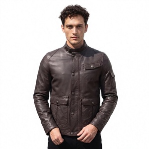 Chaqueta de Motociclista de Cuero Genuino para Hombre, Cuello Alto, Cierre de Botones, Color Sólido, Corte Regular, para Otoño - Product Image 1