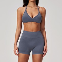 Set Yoga Halter Neck Seamless Wanita, Tanpa Punggung, Angkat Bokong, Kontrol Perut, Set Pakaian Olahraga Pilates