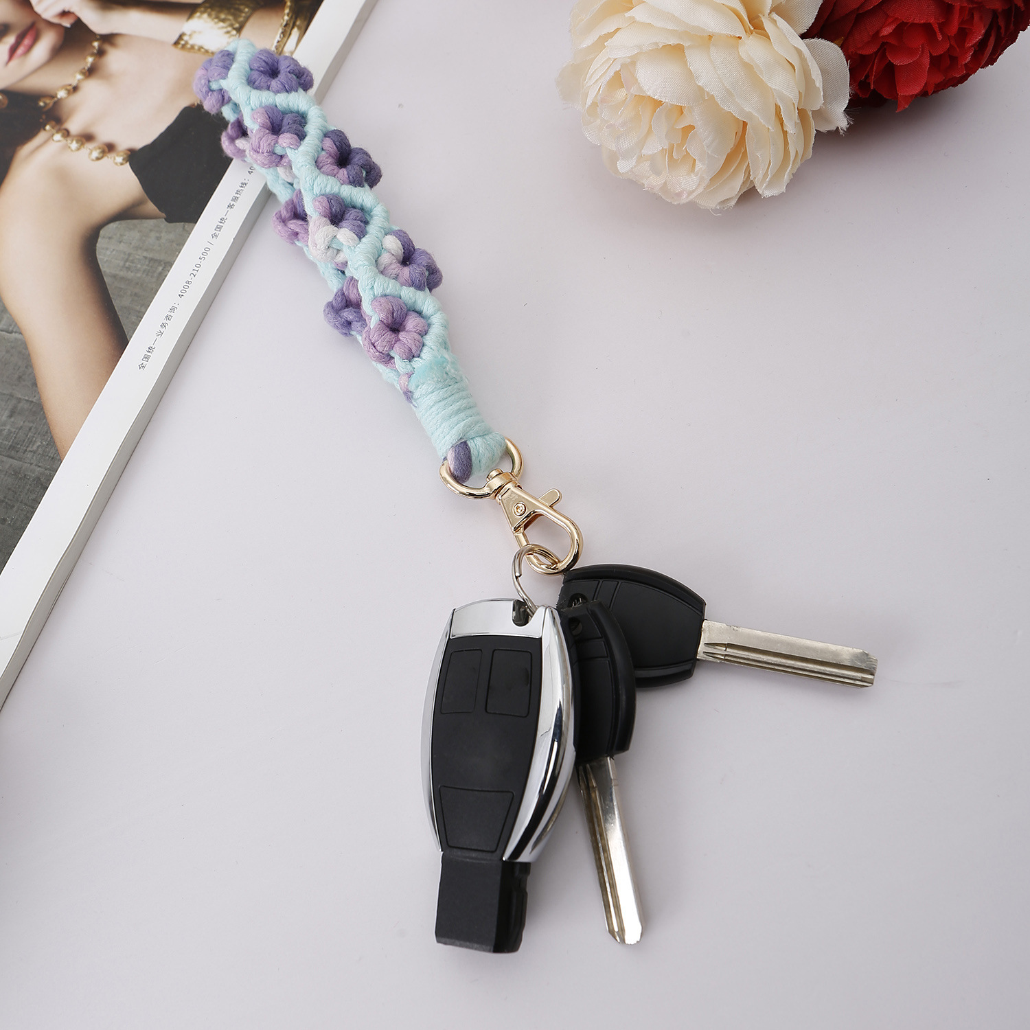 Boho Rose Flower Keychain Wristlet - Handmade Macrame Lanyard For Keys, Cute Gift For Women - View #6
