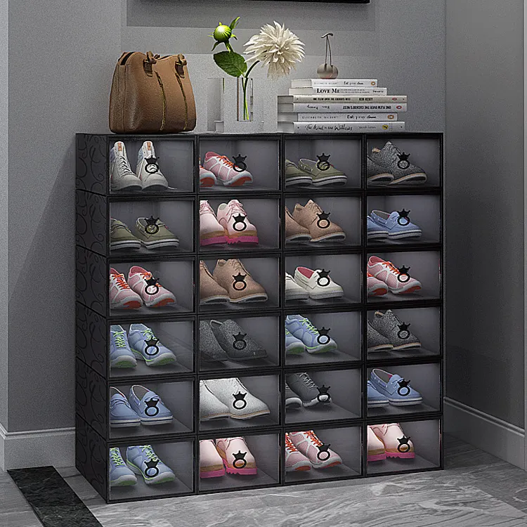 Yeni özel istiflenebilir tarzı katlanabilir lüks itme çekmece tipi plastik ayakkabı kutusu depolama organizatör gösterisi kutusu