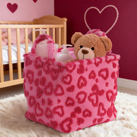 Panier de rangement en tissu peluche rose avec poignées, motif cœur rouge rose, pliable, écologique, organisateur mignon pour chambre et crèche
