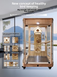 Gabbia per <span class=keywords><strong>Pappagalli</strong></span> Panoramica Deluxe in Legno Massello e Vetro, Anti-Fuga, Anti-Schizzi, Stile Villa, Grande Formato per Ara, <span class=keywords><strong>Pappagalli</strong></span> Grigio, <span class=keywords><strong>Pappagalli</strong></span> Monacello - Product Image 2
