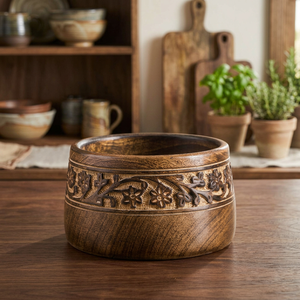 Bol en bois sculpté à la main, design floral chinois traditionnel, pour servir des aliments, offrir en cadeau - Product Image 1