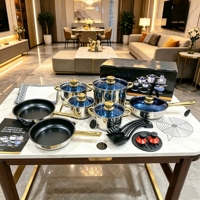 Ensemble de 23 ustensiles de cuisine en acier inoxydable, couvercles en verre bleu, poignées dorées, avec cuillères, spatules, sets de table, tabliers, etc. Pour un usage domestique