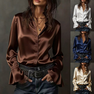 <span class=keywords><strong>Chemise</strong></span> longue en satin perlé pour femme, <span class=keywords><strong>col</strong></span> <span class=keywords><strong>montant</strong></span> à volants, confortable, style décontracté français, coupe ample pour l'automne - Product Image 2