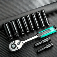 ELEHAND OEM 14 Pcs Set Kunci Soket 1/2 Inch Drive 8-24mm, Soket Heksagonal Panjang Metrik, Gagang Ratchet, Peralatan Perbaikan Otomotif