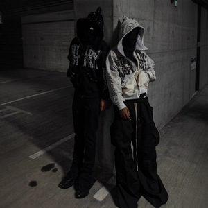 Cardigan <span class=keywords><strong>Oversize</strong></span> <span class=keywords><strong>con</strong></span> Stampa di Lettere e Strass, Giacca <span class=keywords><strong>con</strong></span> <span class=keywords><strong>Cappuccio</strong></span>, <span class=keywords><strong>Felpa</strong></span> Trendy da Uomo, Vendita all'Ingrosso - Product Image 2