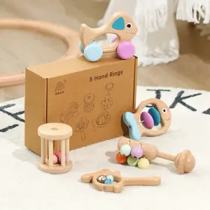 5 adet set ahşap çıngıraklı oyuncak macaron köpek ahşap araba 0-12 ay için bebek erken eğitim eğitici diş kaşıyıcı oyuncak
