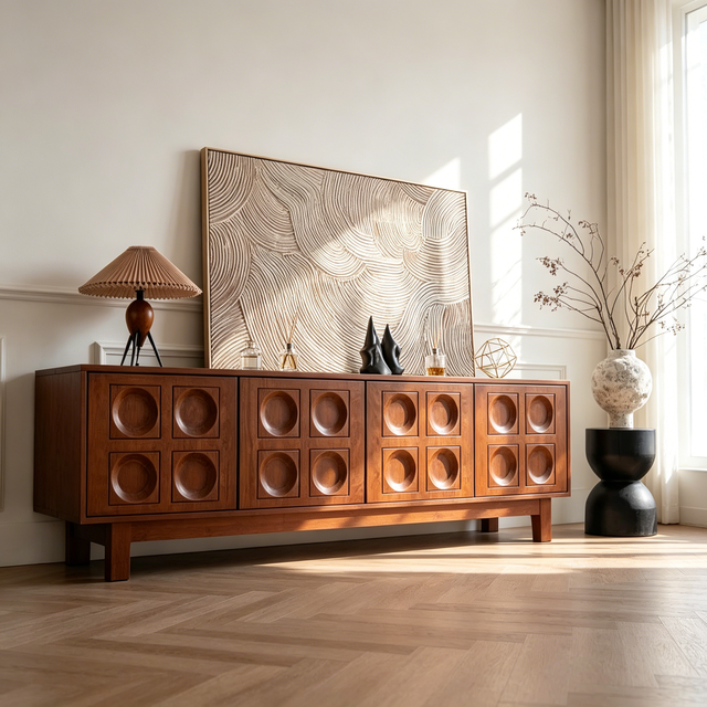 Retro Mid-Century Solid Wood Convertible TV Stand Embossed Geometric Panel Doors Multi-Purpose Living Room Workshop Warehouse