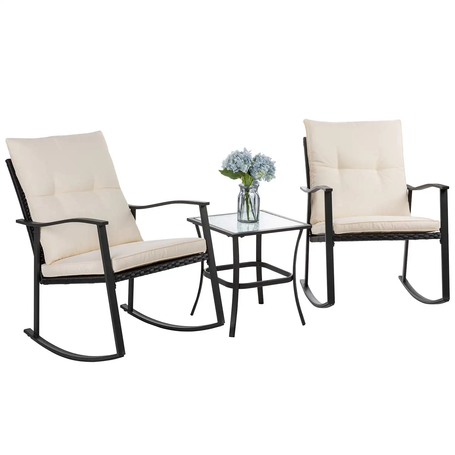 Wholesale Prices 3 Piece Outdoor Rocking Bistro Set Front Porch Rocker Chairs Conversation Set with Glass Table