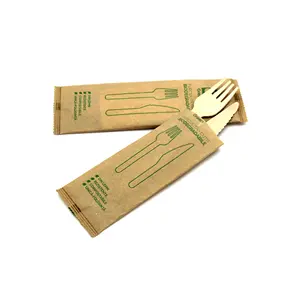 Disposable 100% Biodegradable For Takeaway Food Restaurant Opp Bag Customized Logo Wooden Cutlery Sets Kits With Napkin
