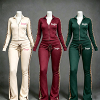 Ensemble de survêtement en velours rayé léopard personnalisé pour femmes, veste zippée et pantalon large, ensemble 2 pièces en velours pour l'hiver, vêtements de détente pour femmes