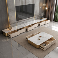 Ensemble meuble TV et table basse en bois massif, style moderne minimaliste de luxe léger, avec plateau en pierre extra long, pour petit appartement et salon