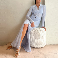 Robes maxi décontractées et modestes à rayures bleu ciel d'automne personnalisées pour femmes, élégantes robes en tricot à col rond, tricotage en forme de A, vêtements d'hiver