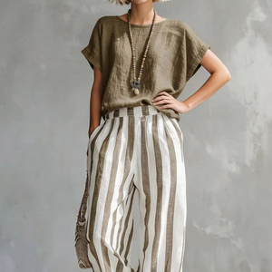 Ensemble 2 pièces pour femmes, haut à manches dolman et pantalon large rayé, <span class=keywords><strong>tenue</strong></span> décontractée polyvalente pour tous les jours, les courses, le brunch - Product Image 1