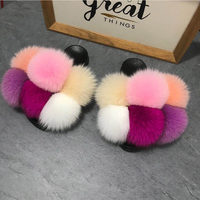 Sandales à la mode en fourrure de raton laveur pour femmes, sandales marron, blanc, gris, rose, pompon, fourrure de renard