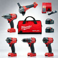 Ensemble d'outils électriques Milwaukee FUEL Combo Kit 18V sans fil : clé à chocs, perceuse à percussion, meuleuse d'angle, avec batteries et sac de rangement