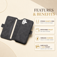Étui portefeuille magnétique détachable pour iPhone 18 Pro, 17, 16 en cuir PU avec porte-cartes et coque PC compatible avec la charge sans fil