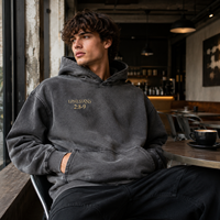 Hoodie Grafis Angel Label Pribadi OEM, Hitam Washed, Bahan Fleece Katun Tebal, Streetwear, Cetak Religius Custom, Model Pullover