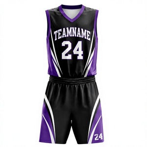 Ensemble de maillots de basket-ball sublimés personnalisés, nom de l'équipe 24, noir et violet, col en V, sans manches, vêtements de sport respirants pour adultes - Product Image 1