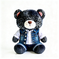 Peluche Ours Noir Doux et Moelleux avec Chemise Blanche, Gilet en Jean et Short – Vente en Gros Adorable Peluche Ours