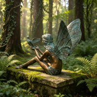 Sculpture en bronze coulé personnalisable de fée assise avec oiseau, style romantique européen, pour la décoration de jardin et de pelouse